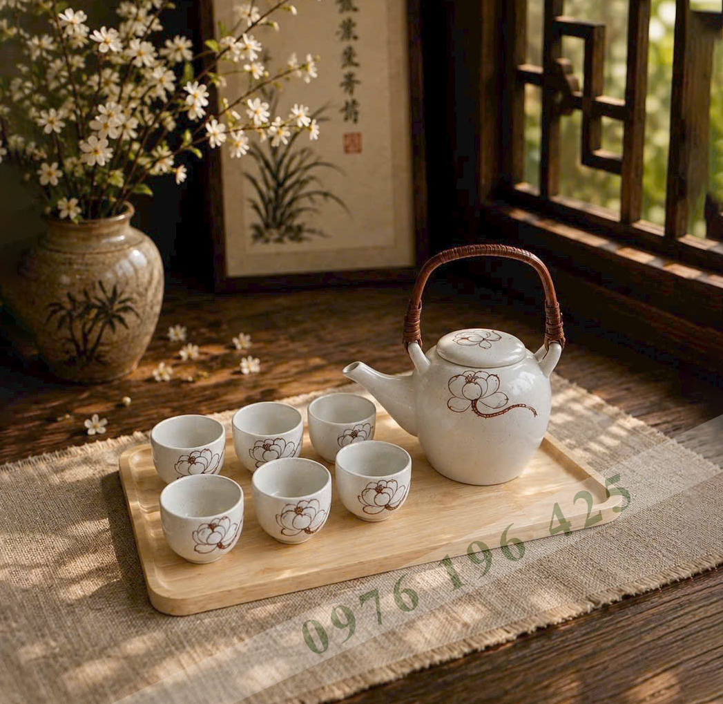 Bộ trà Bát Tràng dáng siêu men tấm sen trắng