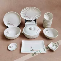 Bộ bát đĩa Bát Tràng men tấm hoa bạch liên (set 1)