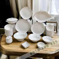 Bộ bát đĩa Bát Tràng men tấm hoa bạch liên (set2)