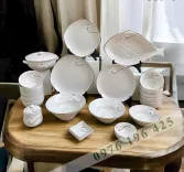 Bộ bát đĩa Bát Tràng men tấm hoa bạch liên (set2)