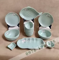 Bộ bát đĩa Bát Tràng men tấm xanh hoa bạch liên (set1)