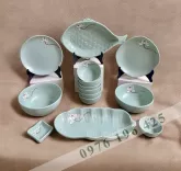 Bộ bát đĩa Bát Tràng men tấm xanh hoa bạch liên (set1)