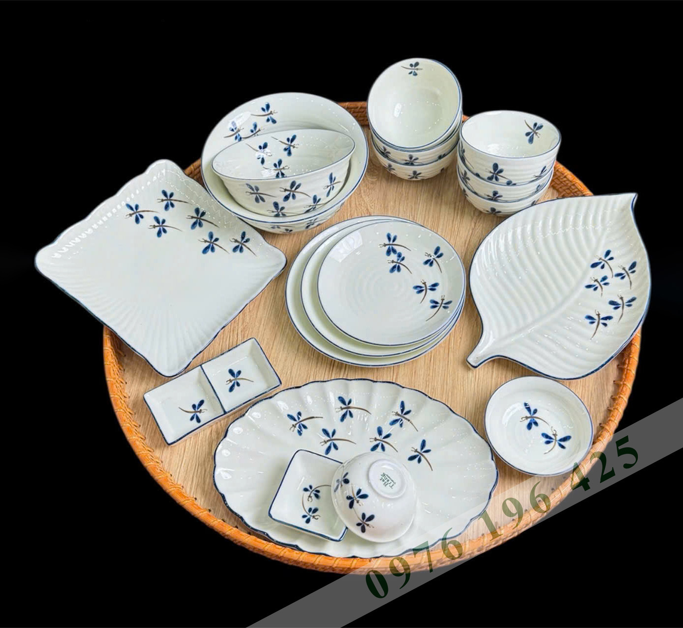 Bộ bát đĩa Bát Tràng vẽ chuồn kim (set 1)
