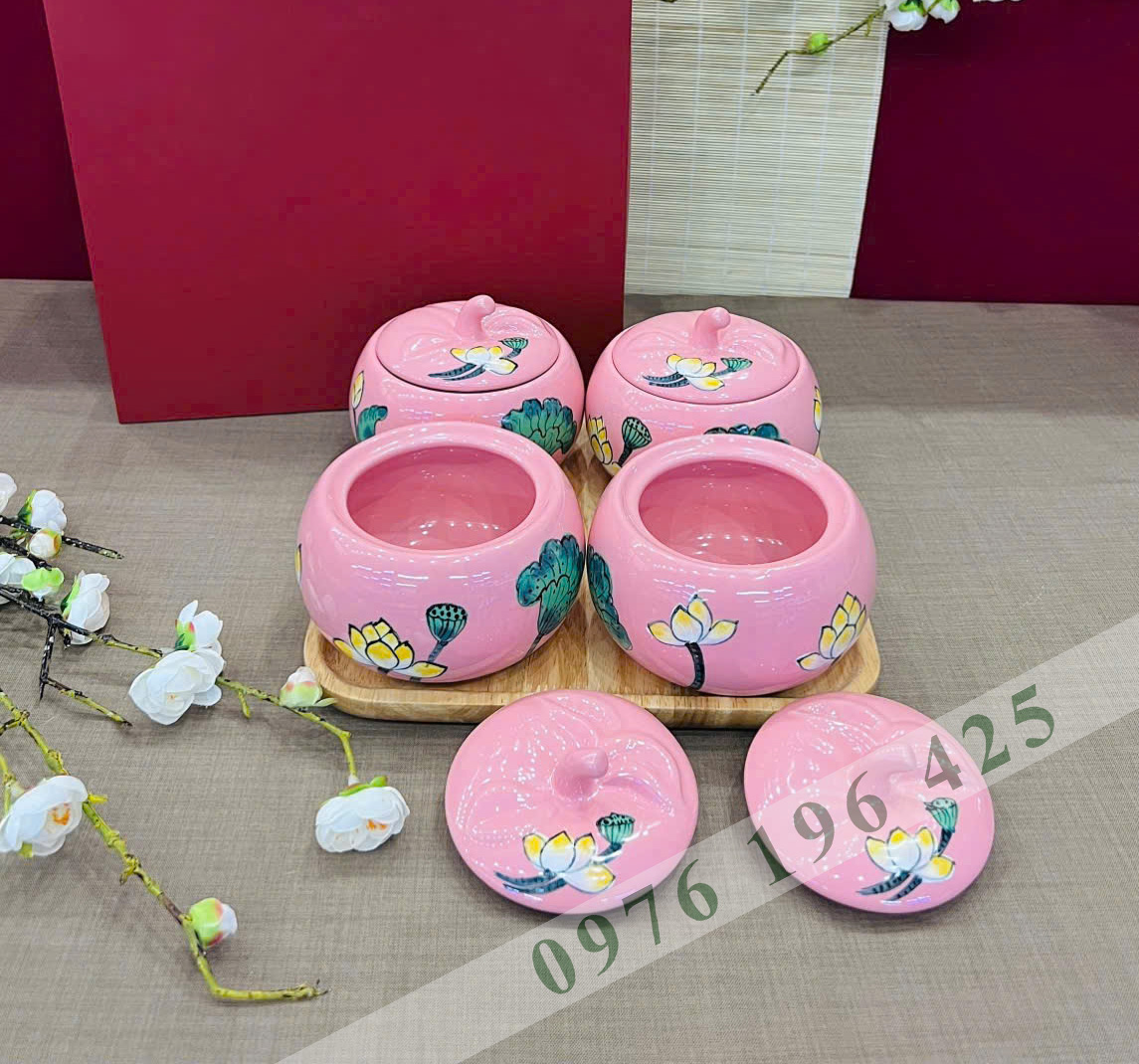 Bộ 4 hũ mứt sứ hồng vẽ sen