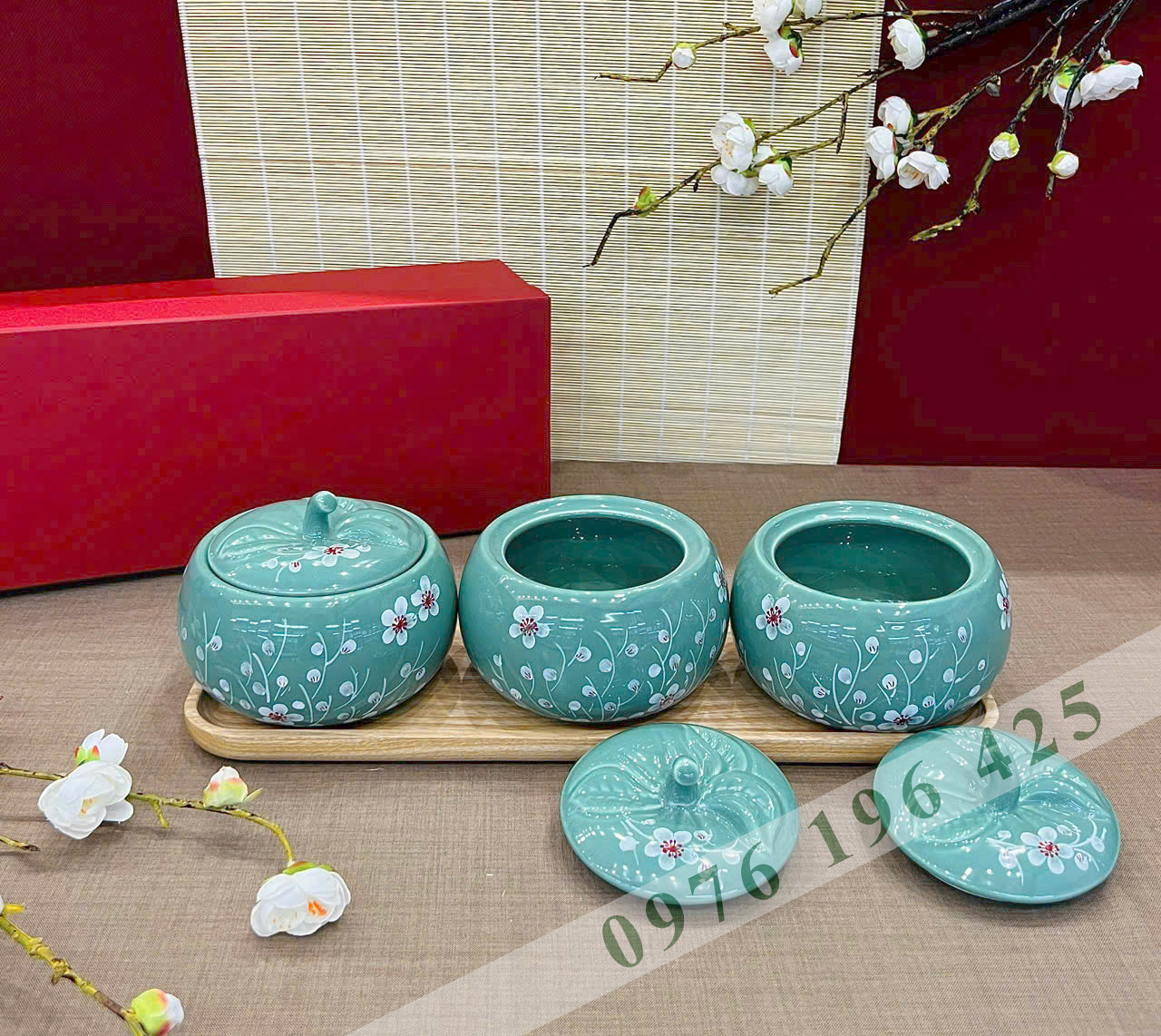 Bộ 3 hũ mứt bí màu xanh ngọc vẽ đào