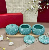Bộ 3 hũ mứt bí màu xanh ngọc vẽ đào
