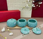 Bộ 3 hũ mứt bí màu xanh ngọc vẽ đào