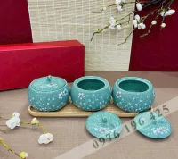 Bộ 3 hũ mứt bí màu xanh ngọc vẽ đào