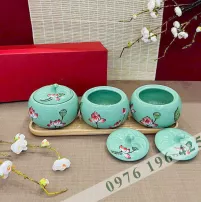 Bộ 3 hũ mứt bí màu xanh ngọc vẽ sen