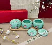 Bộ 3 hũ mứt bí màu xanh ngọc vẽ sen