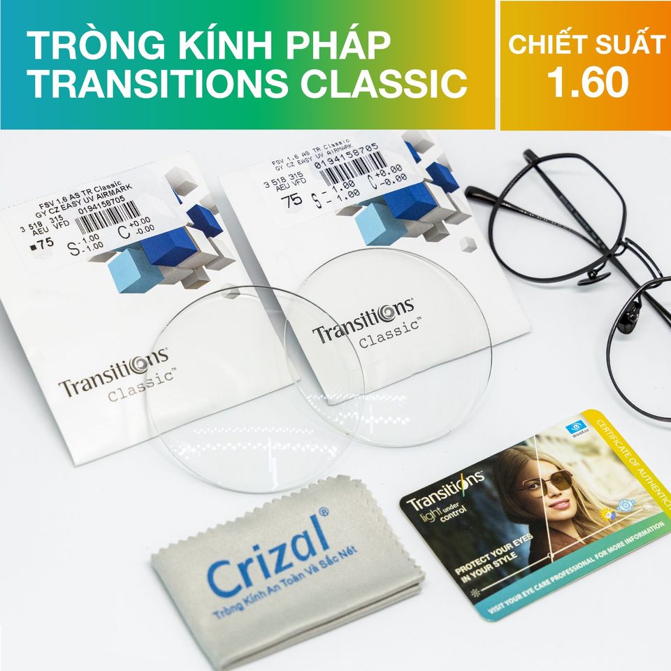 Tròng kính đổi màu Crizal Transitions Classic Chiết suất 1.60