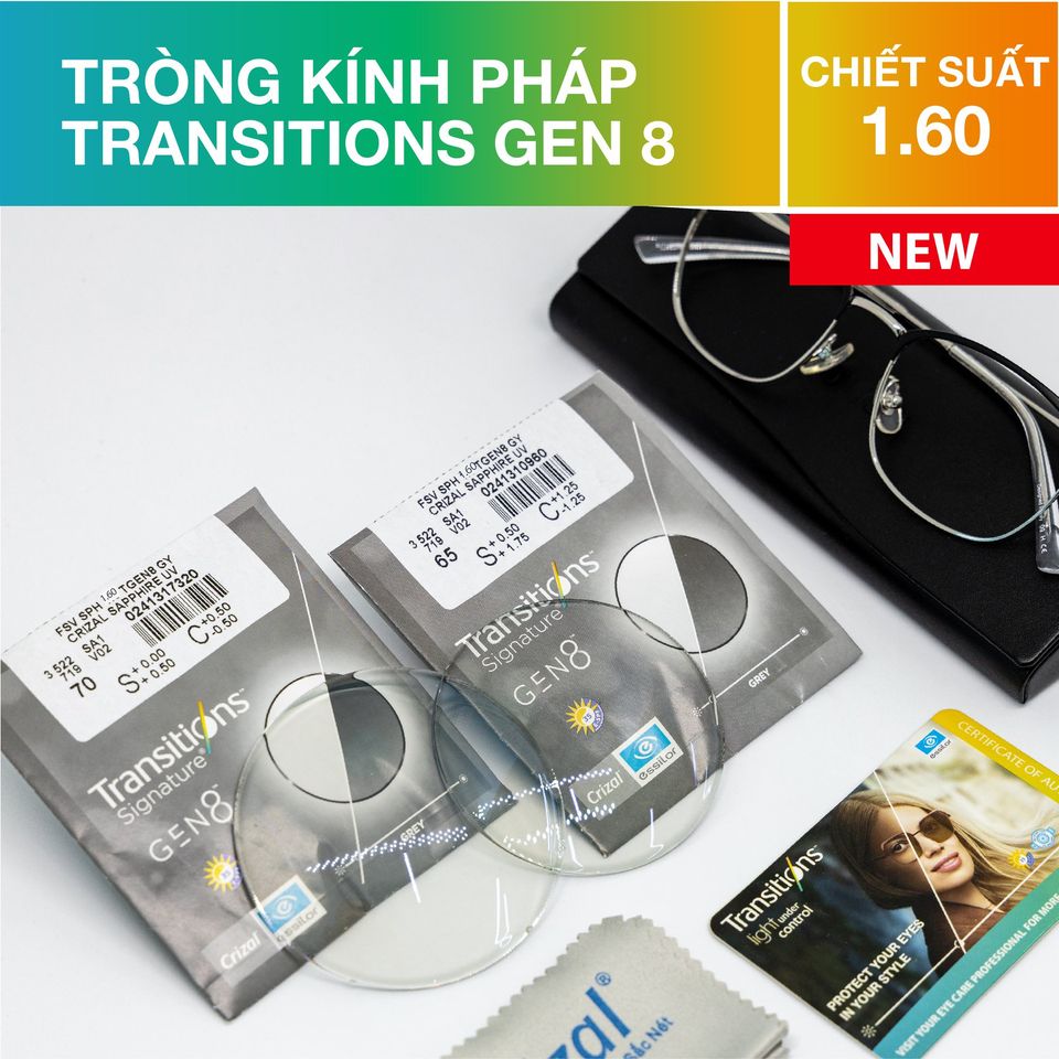 Tròng kính đổi màu Crizal Transitions GEN8 - Chiết suất 1.60