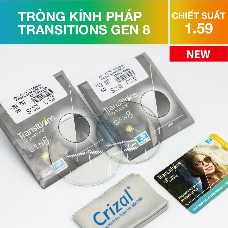 Tròng kính đổi màu Crizal Transitions GEN8 - Chiết suất 1.59 Airwear