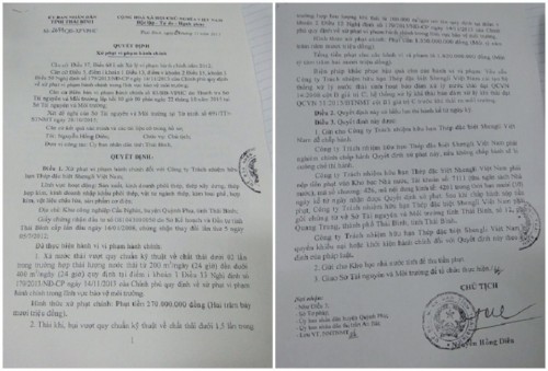 Quyết định xử phạt 1.820.000.000 của nhà máy thép Shengli vào năm 2015 vì gây ô nhiễm môi trường