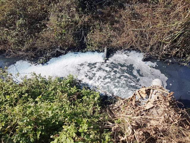 Ống xả nước thải từ Công ty TNHH Nhuộm và Giặt là thời trang Quốc tế ra con mương ngay sát Công ty để chảy ra sông Bắc Hưng Hải