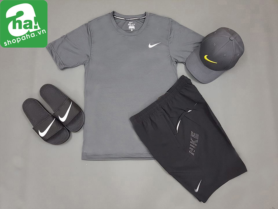 COMBO ÁO, QUẦN, DÉP, NÓN NIKE ĐEN XÁM