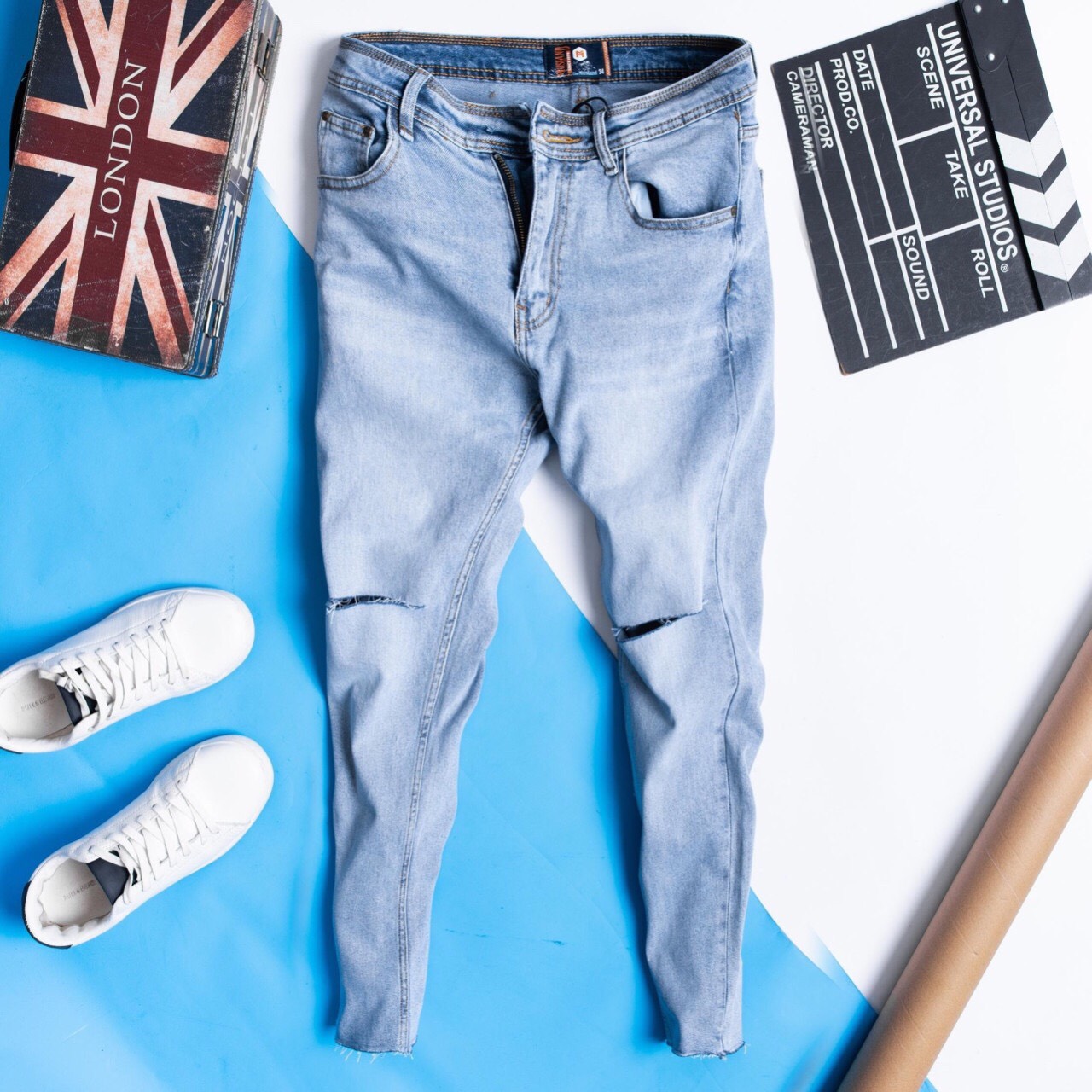 Quần JEANS Rách X Xanh Trời