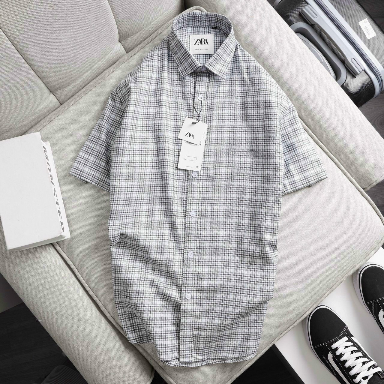 Áo Sơ Mi Tay Ngắn Caro Trắng Xám Big Size 2XL 3XL 4XL 5XL 6XL 7XL