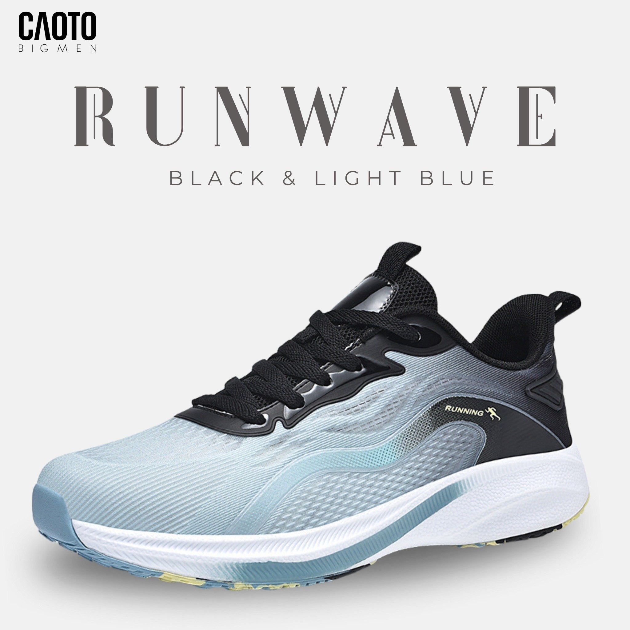 Giày Chạy Bộ Nam Big Size Run Wave Black & Light Blue – Nhẹ Êm, Size 45–49