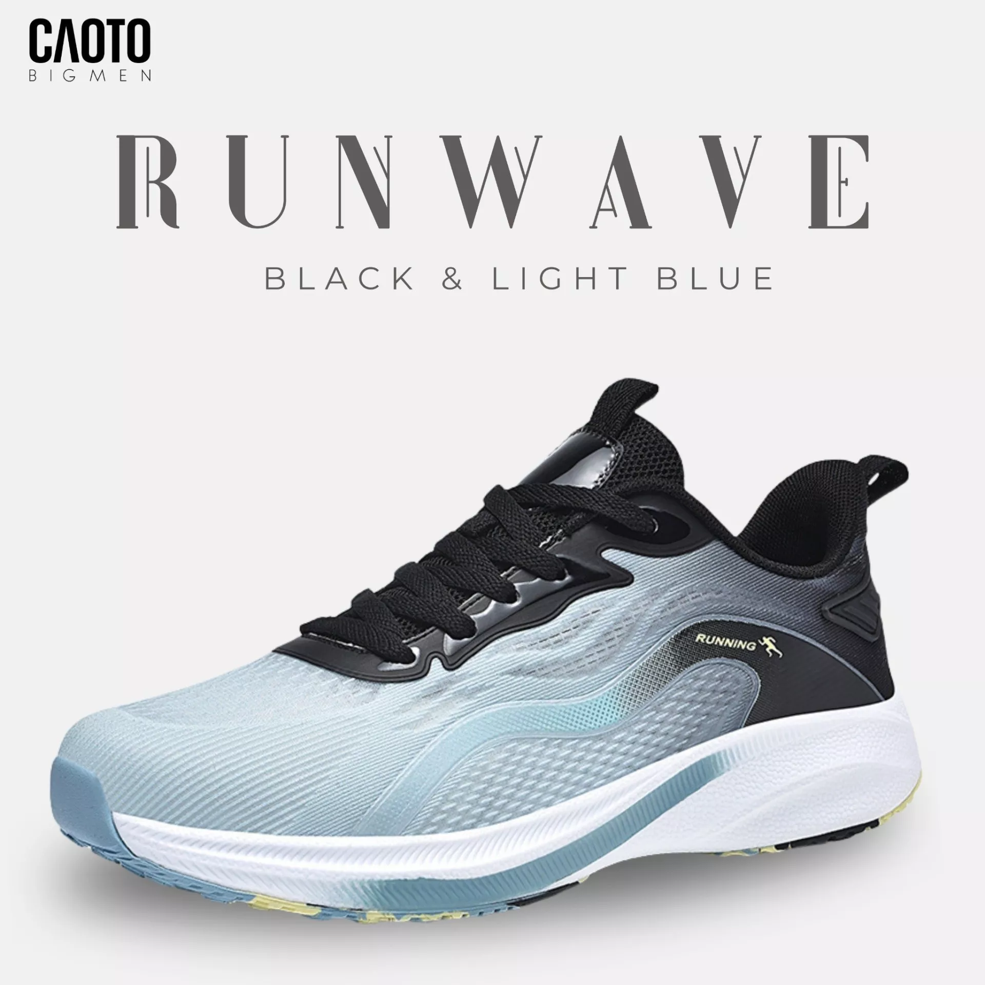 Giày Chạy Bộ Nam Big Size Run Wave Black & Light Blue – Nhẹ Êm, Size 45–49