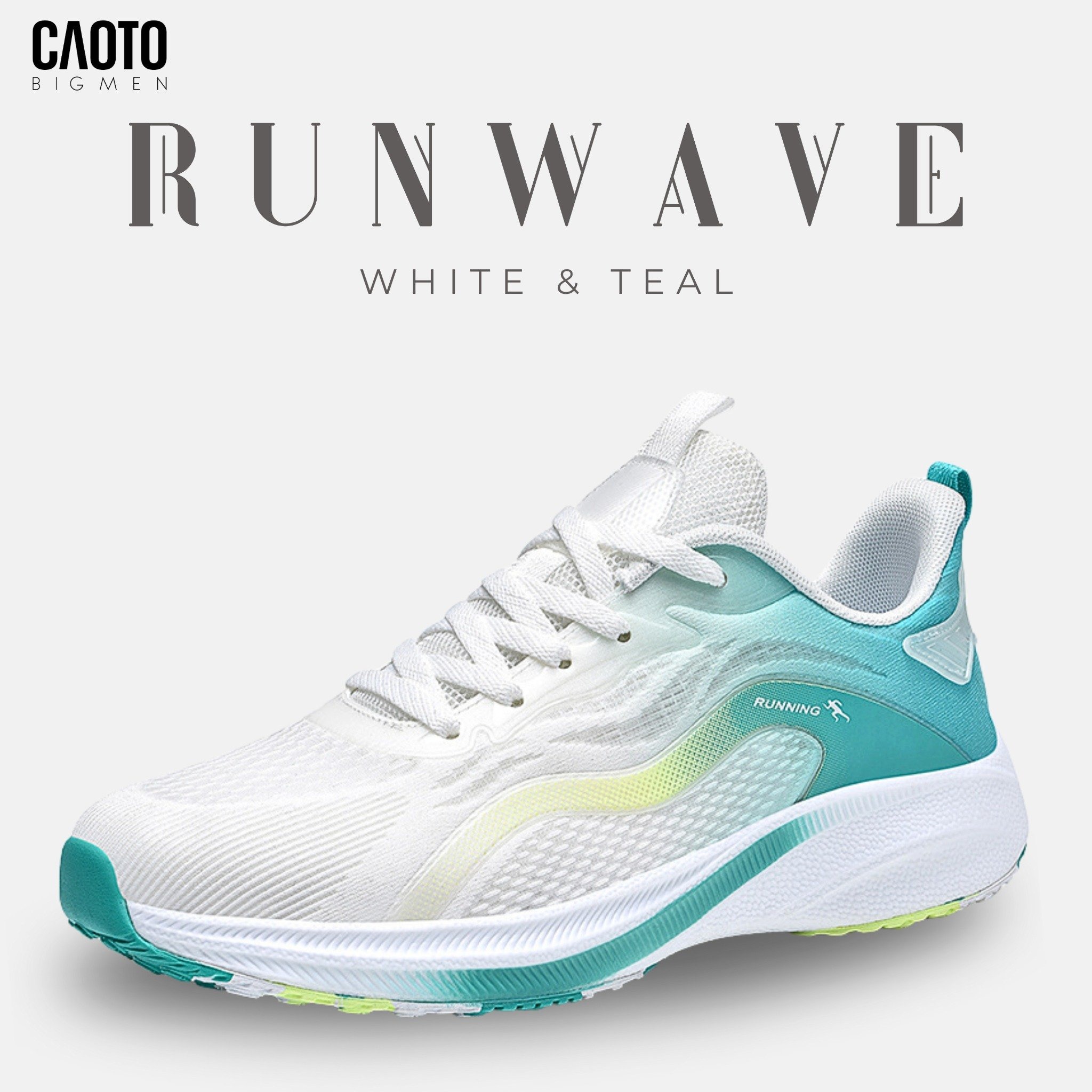 Giày Thể Thao Nam Big Size Run Wave White & Teal – Siêu Nhẹ, Êm Chân, Size 45–49