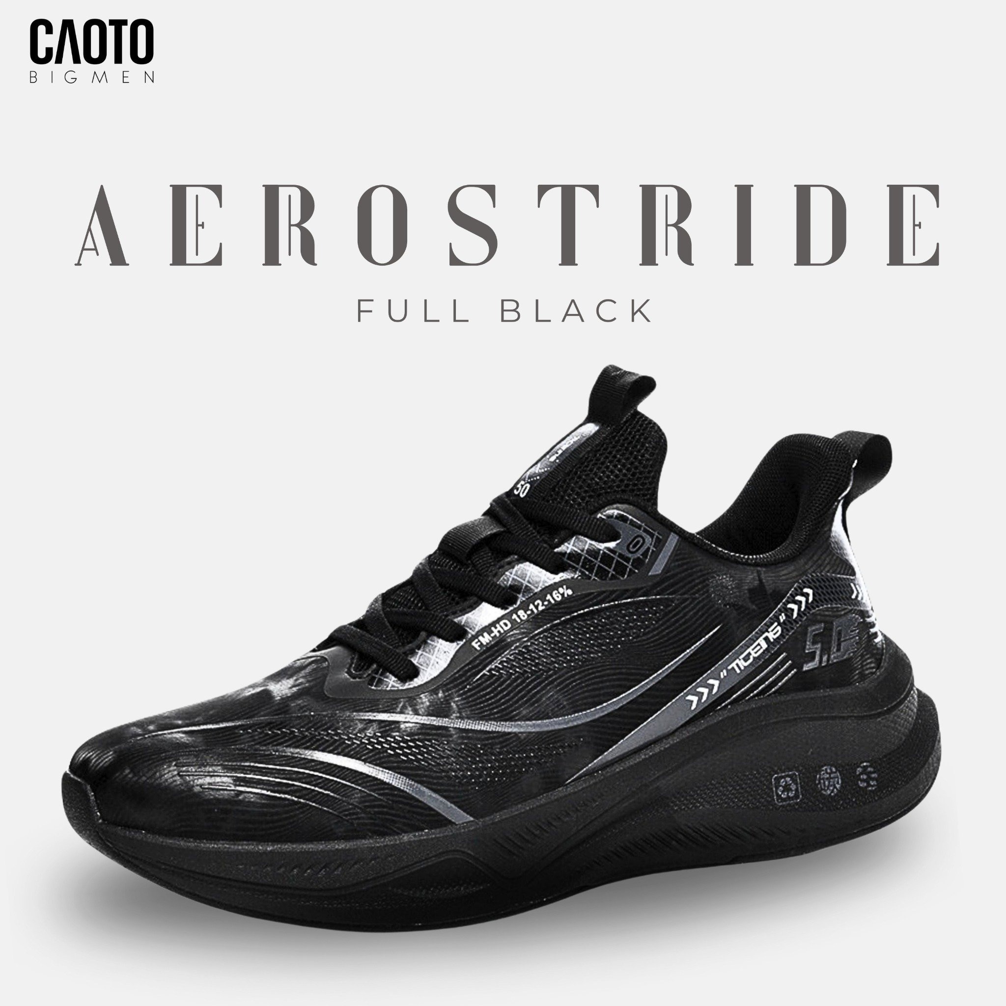 Giày Thể Thao Nam Big Size Aero Stride Full Black - Đế Êm Thoáng Khí, Size 46–50