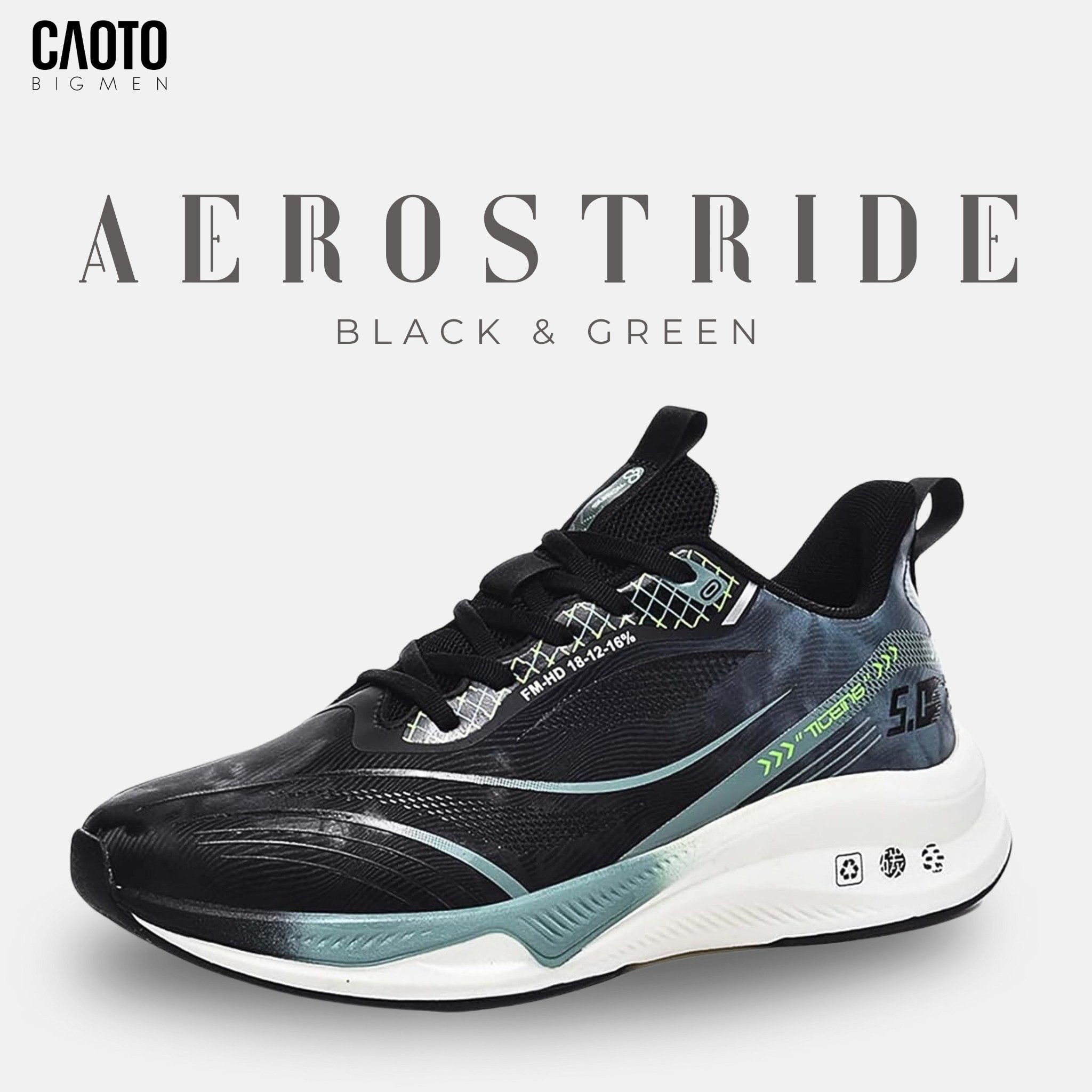 Giày thể thao Aero Stride Black & Green big size (46–50) — form rộng thoải mái, vải dệt thoáng khí, phối da tổng hợp bền