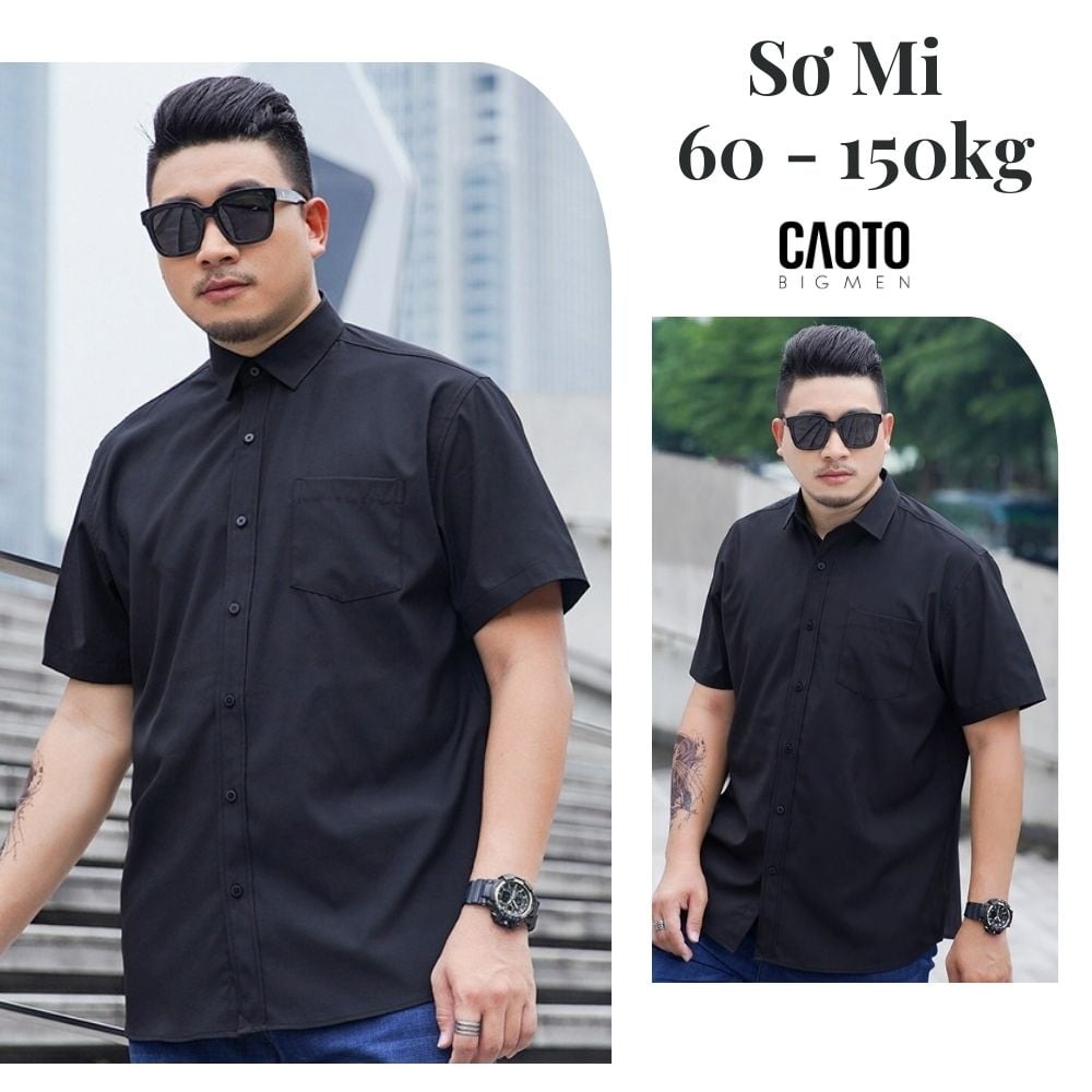Áo Sơ Mi Nam Big Size Đen Trơn Tay Ngắn – Form Rộng Thoải Mái Size 60–150kg