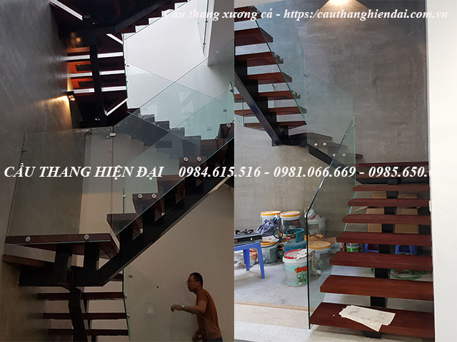 Mẫu cầu thang xương cá đơn hộp 1 thân 100x100 thi công tại Hà Đông, Hoàng Mai Hà Nội