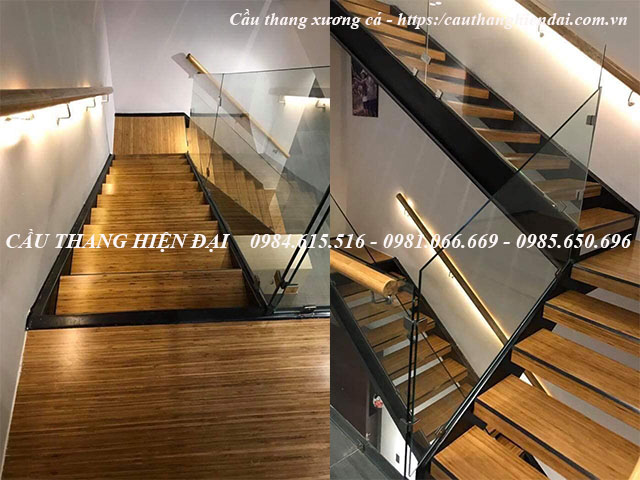 Lan can kính cường lực, mặt bậc gỗ cho cầu thang xương cá