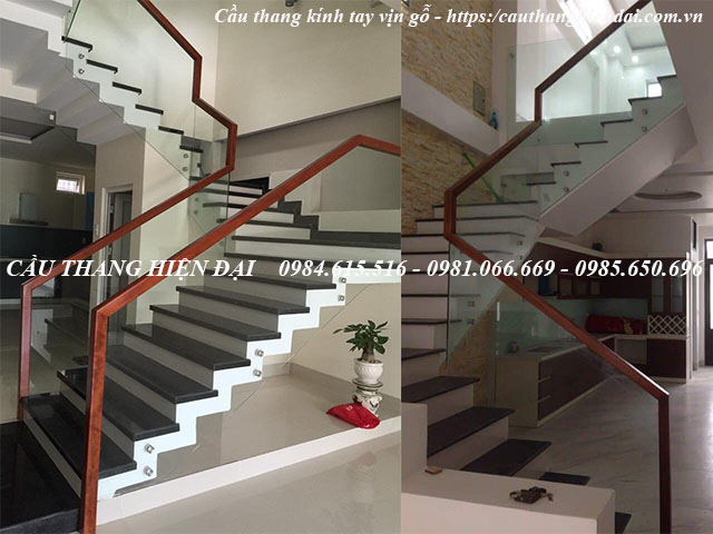 Mẫu cầu thang kính bắt hông tay vịn gỗ lim nam phi đẹp