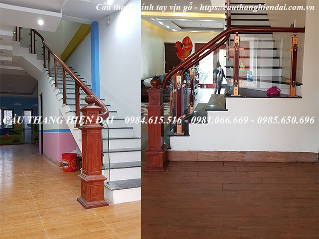 Mẫu cầu thang kính con tiện CNC, kính cường lực, tay vịn gỗ lim