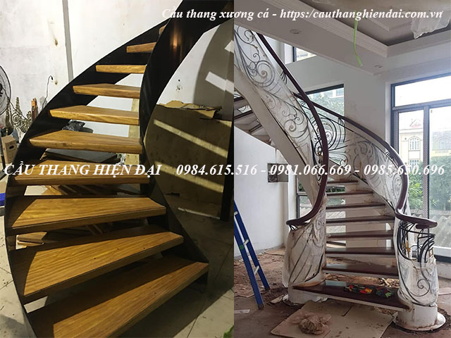 Mẫu cầu thang xương cá xoắn hiện đại và đẹp nhất, kính cong nghệ thuật, tay vịn gỗ lim nam phi