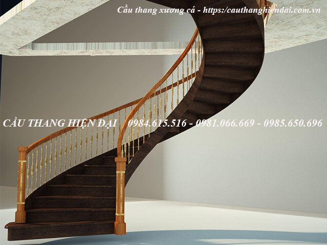 Mẫu cầu thang xương cá xoắn hiện đại và đẹp nhất, kính cong nghệ thuật, tay vịn gỗ lim nam phi