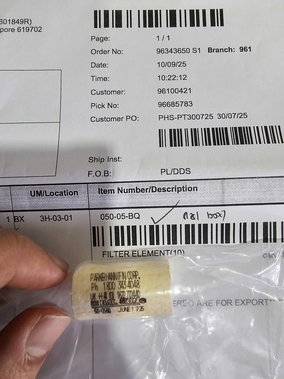 050-05-BQ balston parker element filter cartrige