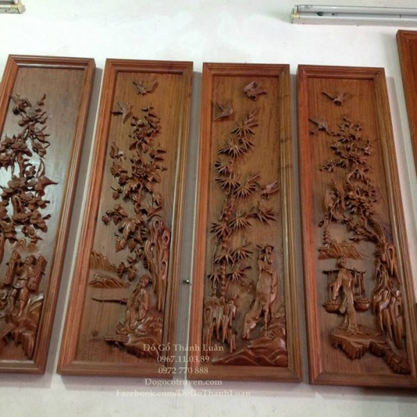 Tranh Tứ Quý + Tứ Dân Gỗ Hương