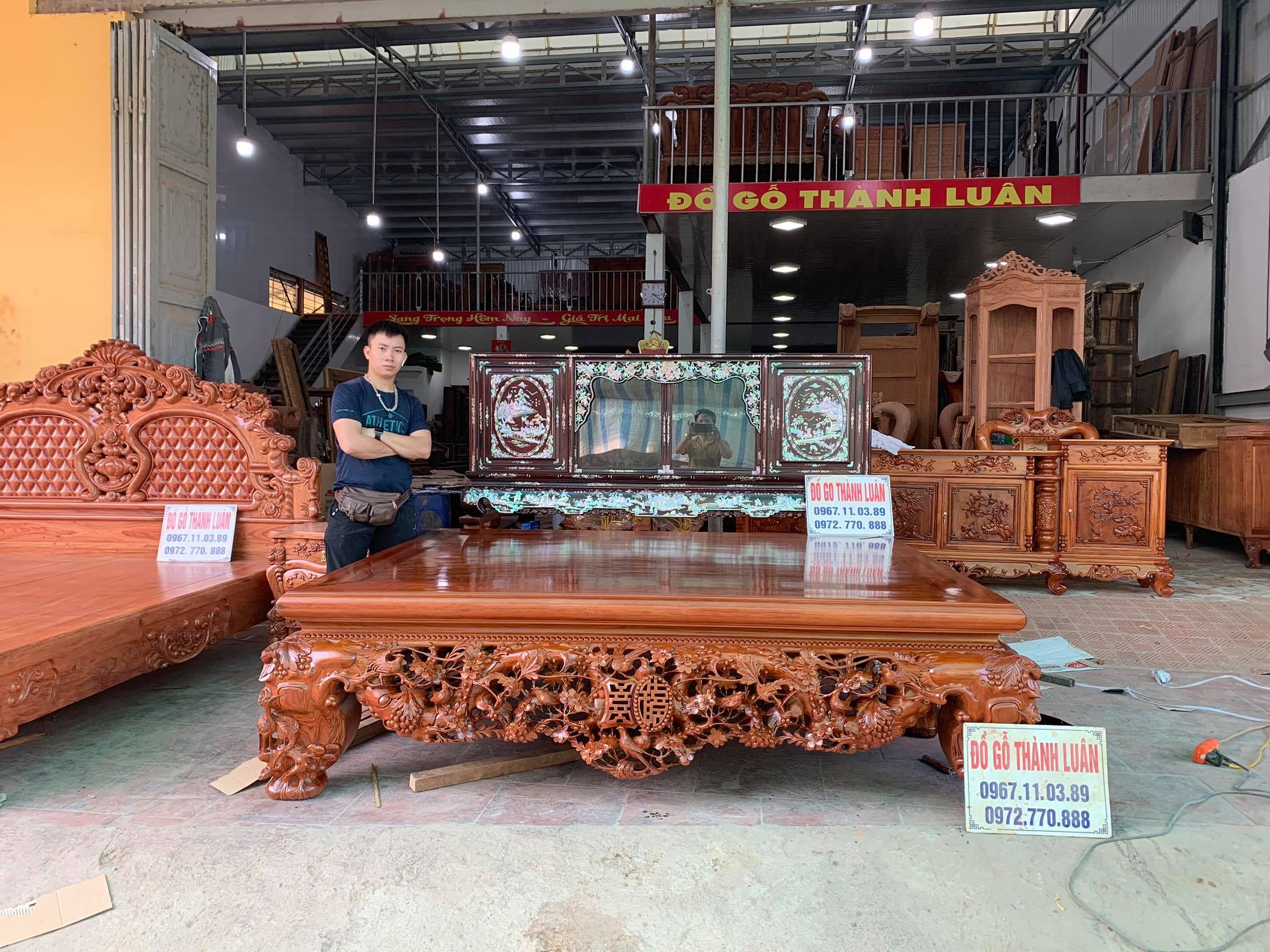 Sập Thập Điểu Quần Mai Gỗ Cẩm Lai Mặt 1 Lá - Tủ Chè Gụ Ta Khảm Ốc
