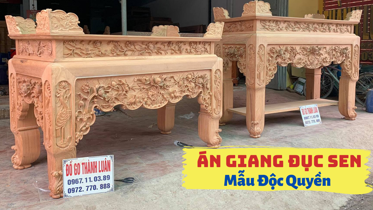 Án Giang Thờ Đục Sen Cò Gỗ Gõ Đỏ