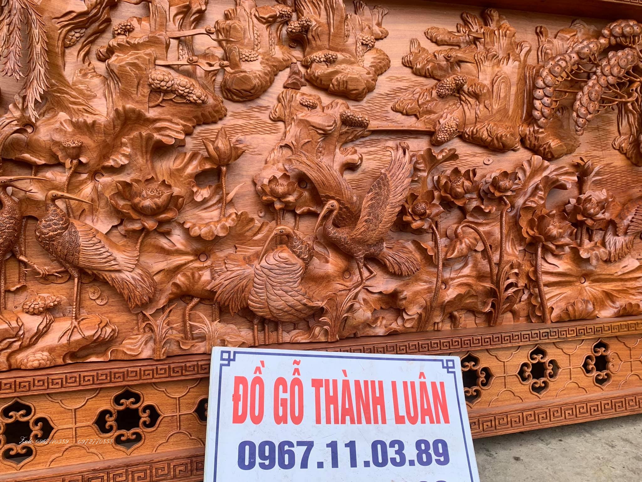 Bức tranh Sen Hạc Gỗ Hương Đá Đục Thủ Công,