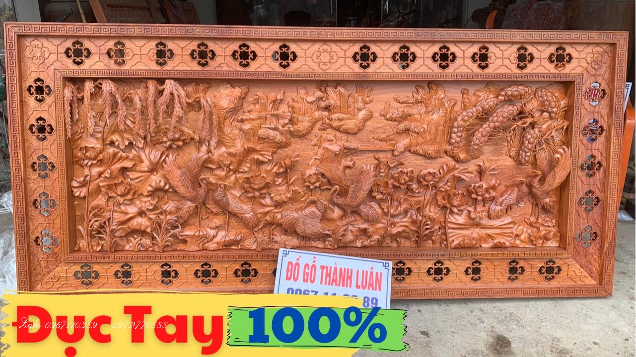 Bức tranh Sen Hạc Gỗ Hương Đá Đục Thủ Công