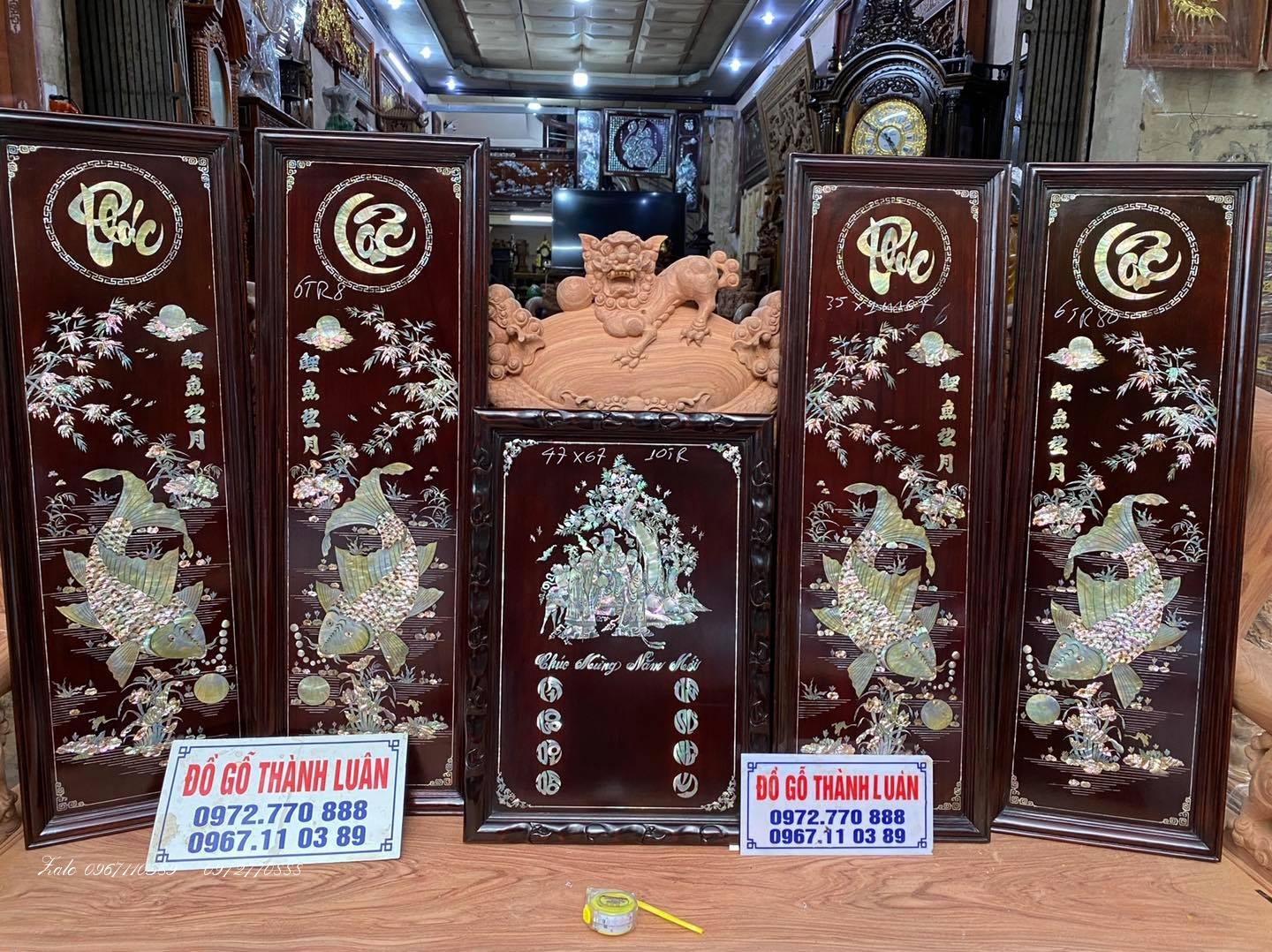 trang cá chép khảm ốc singapo và đốc lịch gỗ gụ khảm ốc đỏ singapo