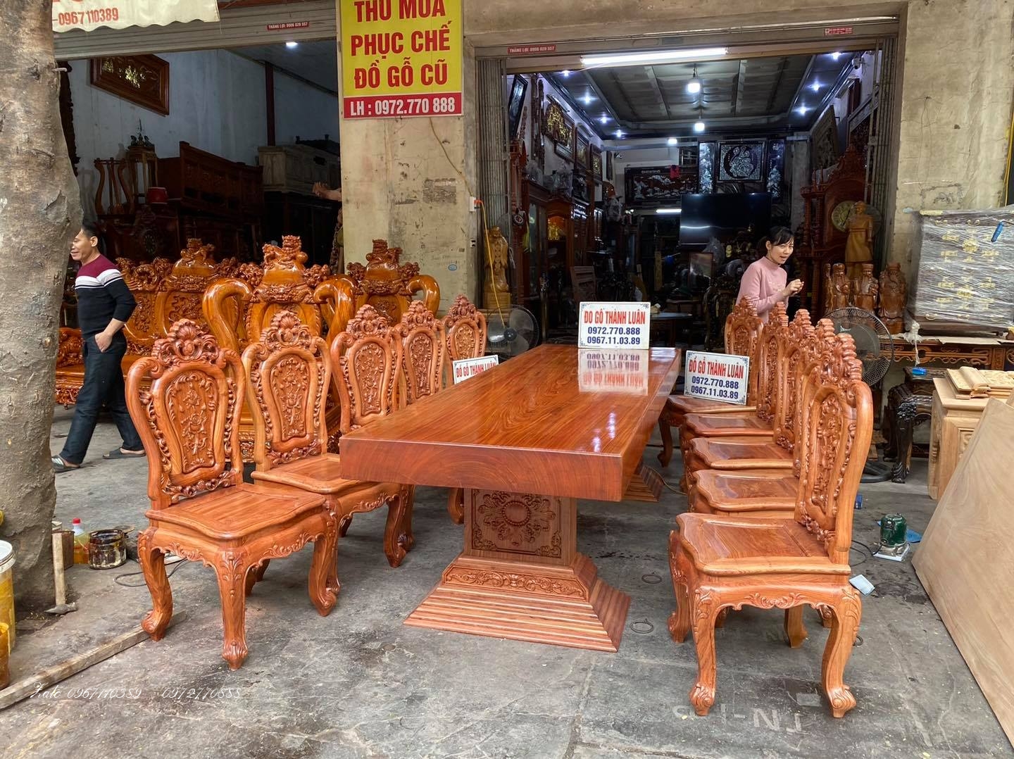 bộ bàn ghế ăn siêu khủng gỗ hương đá liền khối:.