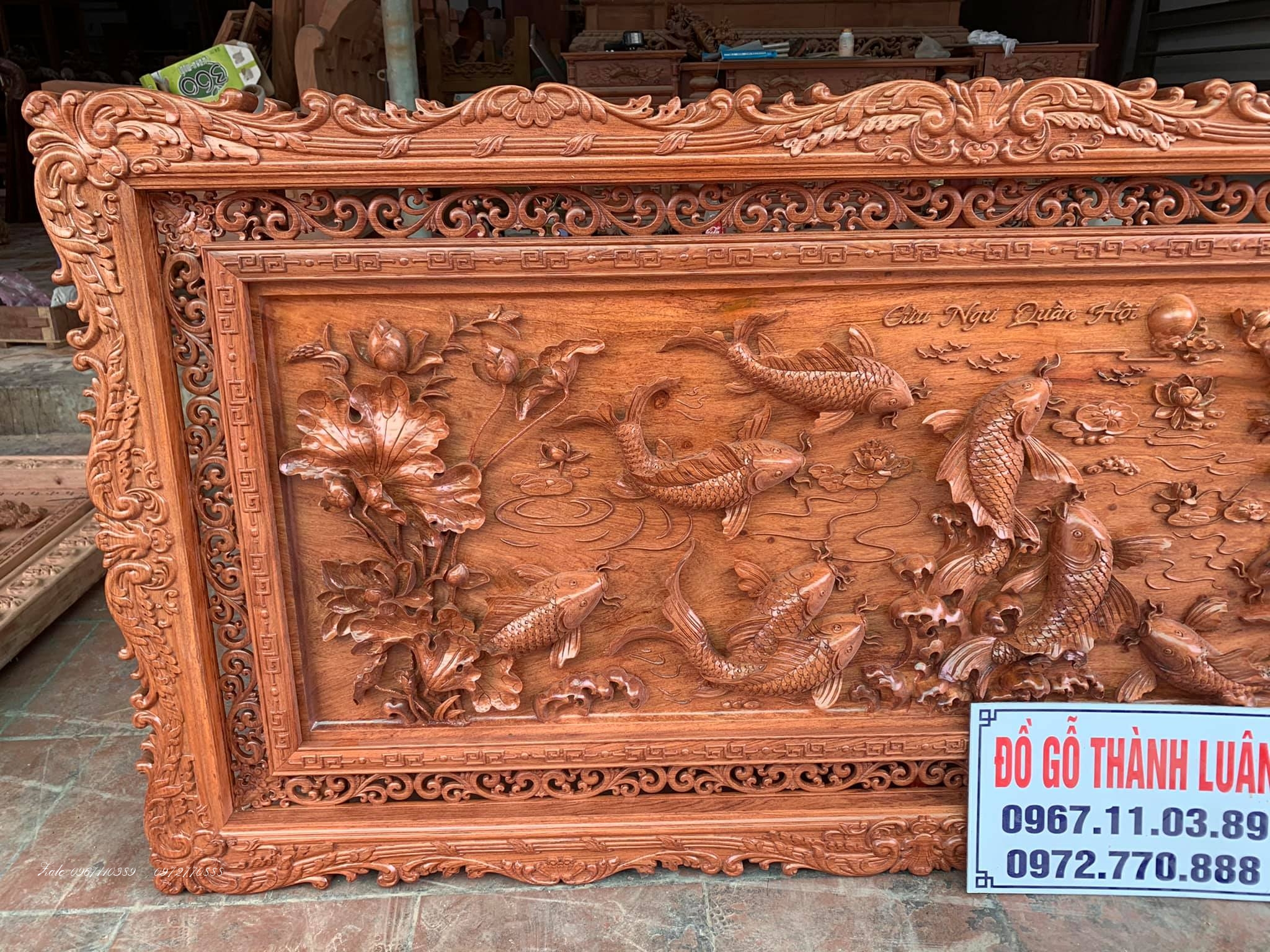 Tranh Cửu Ngư Quần Hội Gỗ Hương Đá,