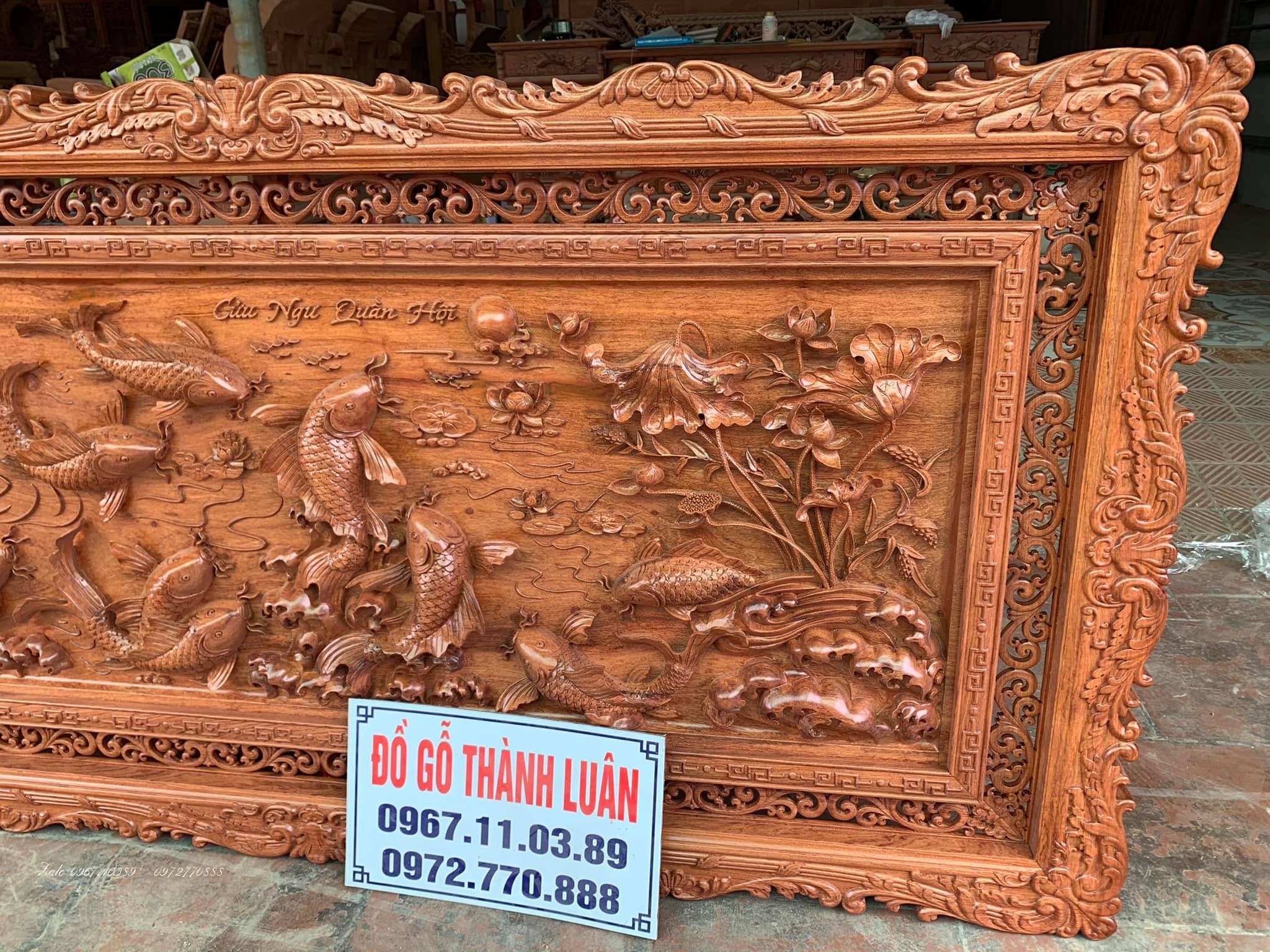 Tranh Cửu Ngư Quần Hội Gỗ Hương Đá.