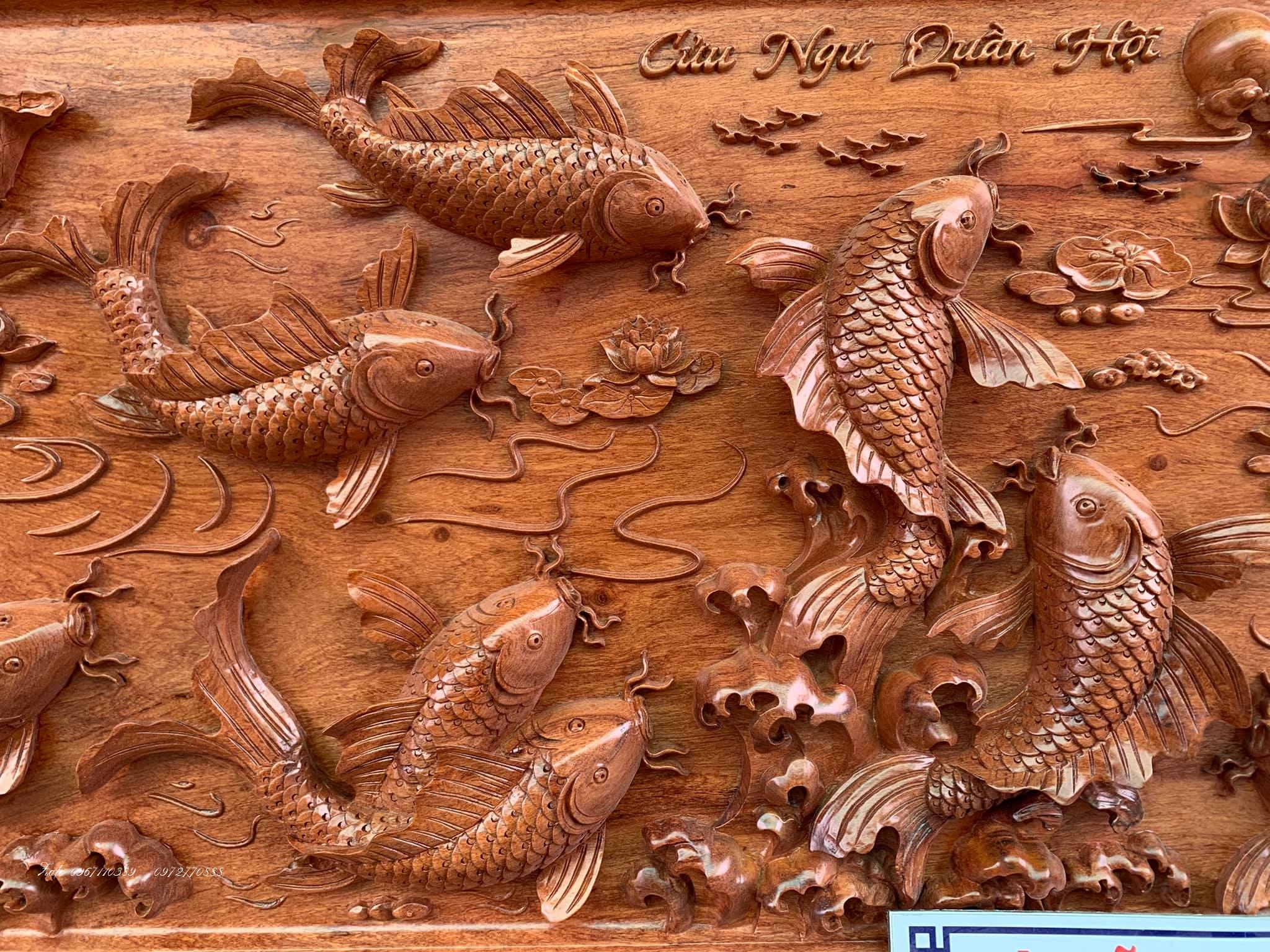 Tranh Cửu Ngư Quần Hội Gỗ Hương Đá:.