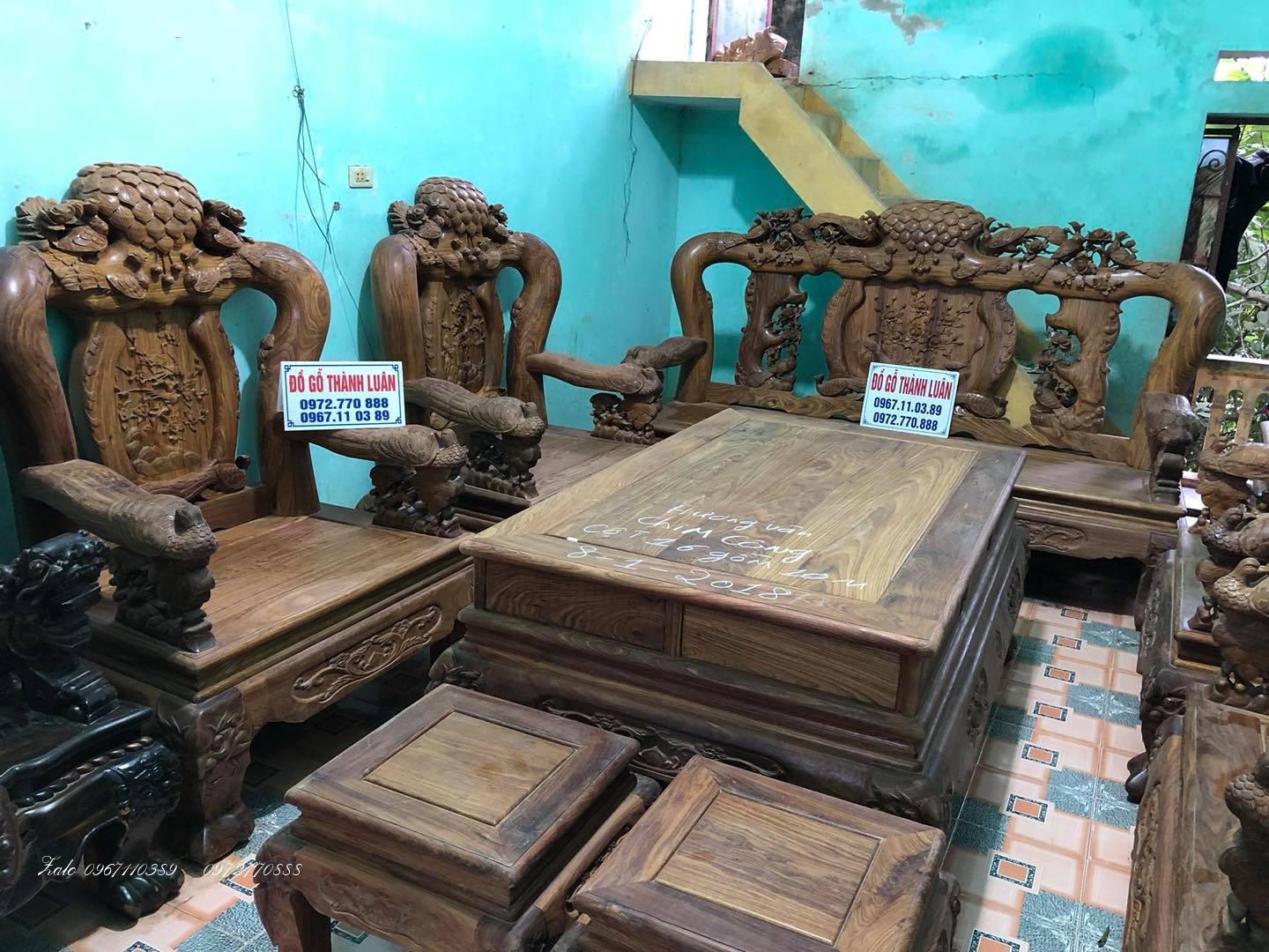 Bộ bàn ghế minh quốc chim công gỗ hương .,