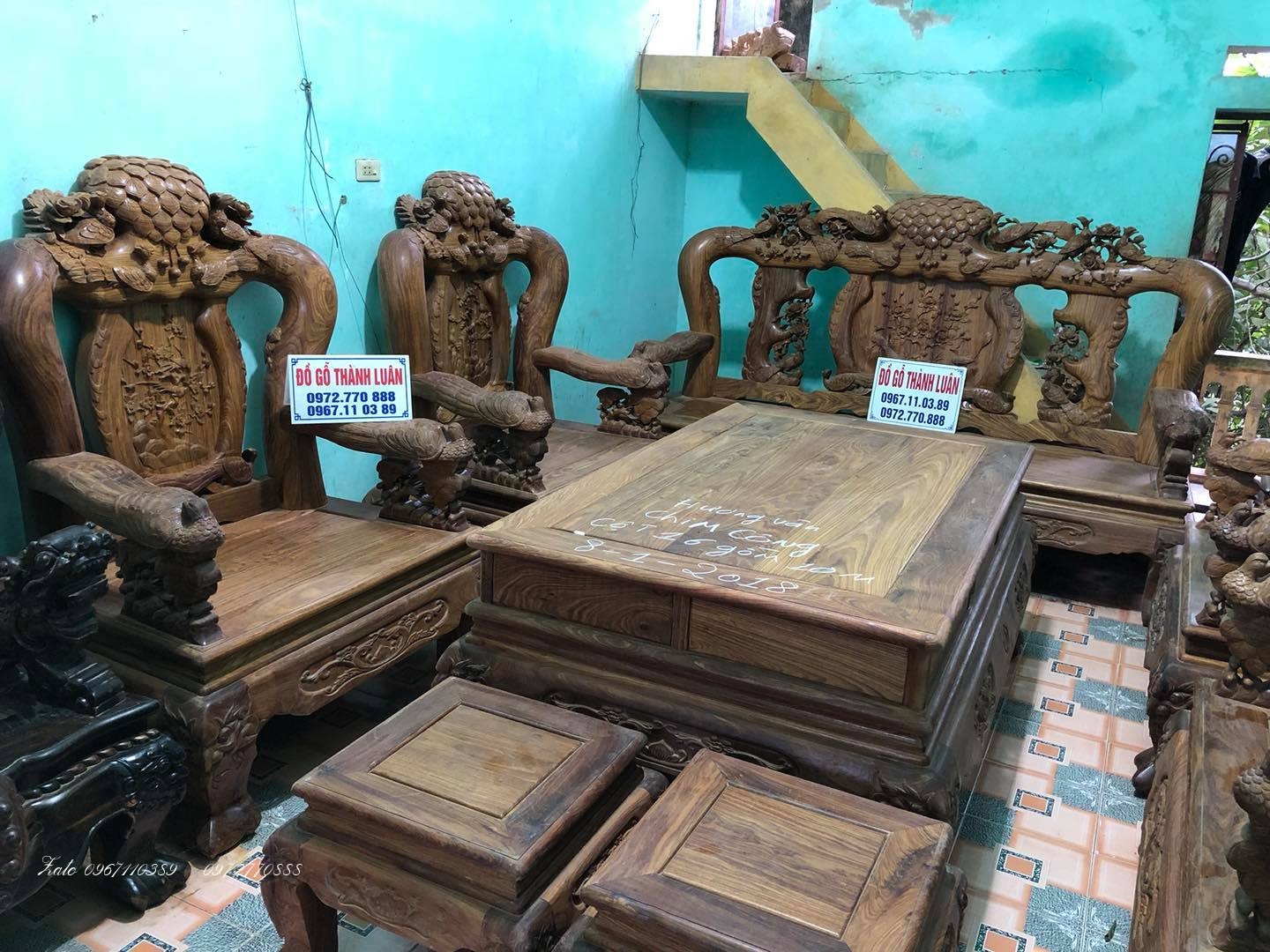 Bộ bàn ghế minh quốc chim công gỗ hương