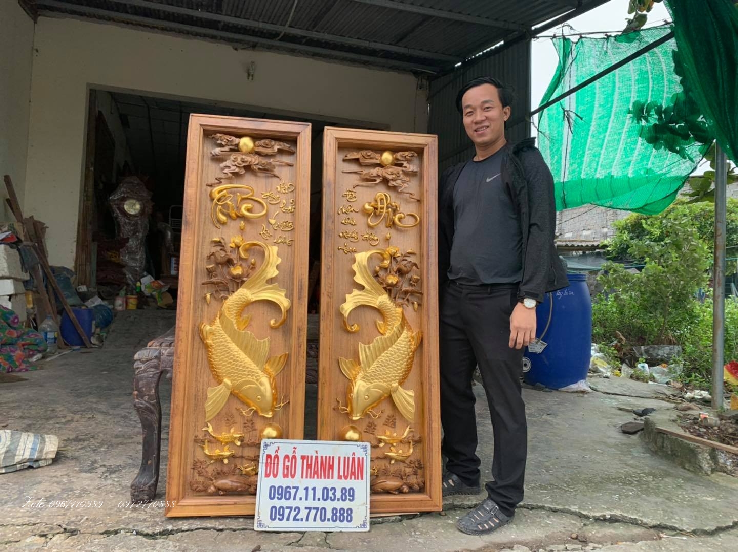 Tranh Cá Chép Gỗ Gụ Dát Vàng 9999.