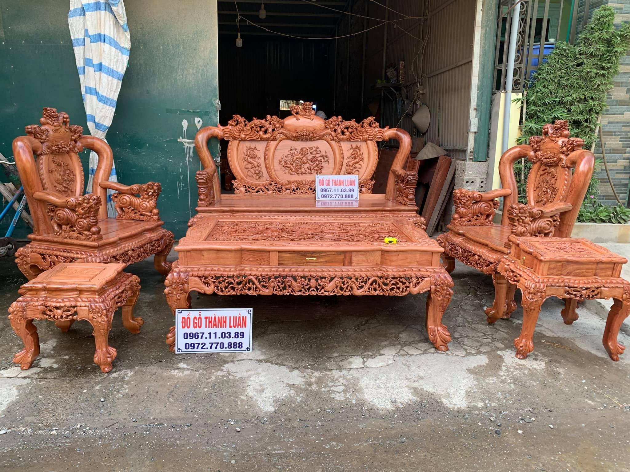 Bộ Ghế Nghê Bảo Đỉnh Gỗ Hương Đá Cột 12 Chân 14