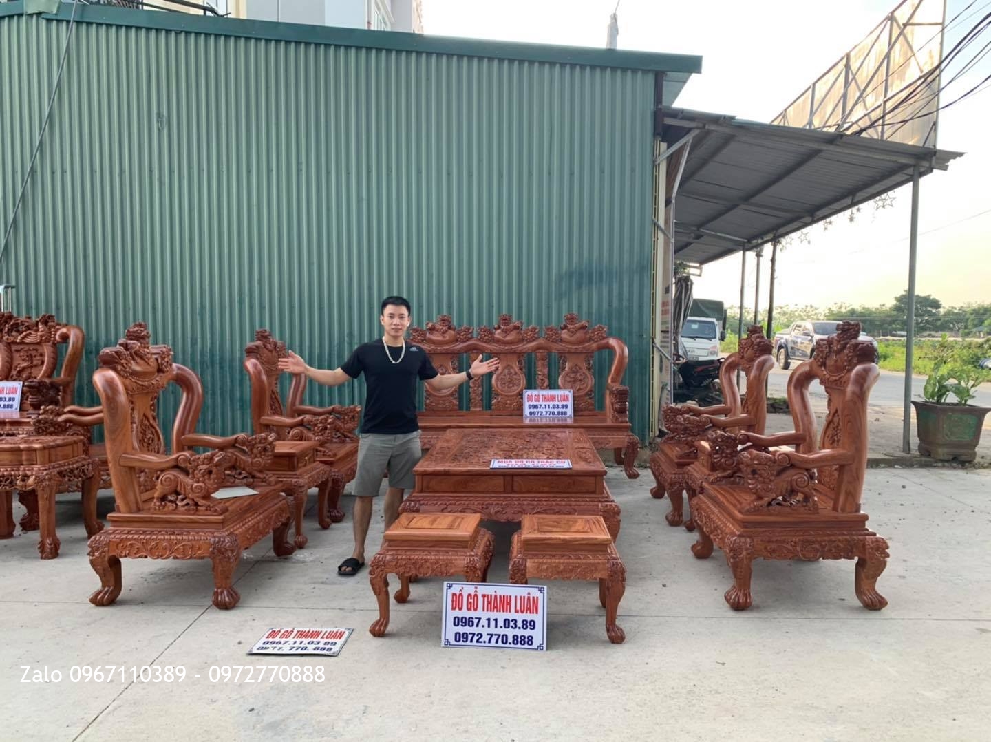 Bộ Bàn Ghế Minh Quốc Nghê Gỗ Hương Đá Cột 12 Gồm 10 Món Víp.